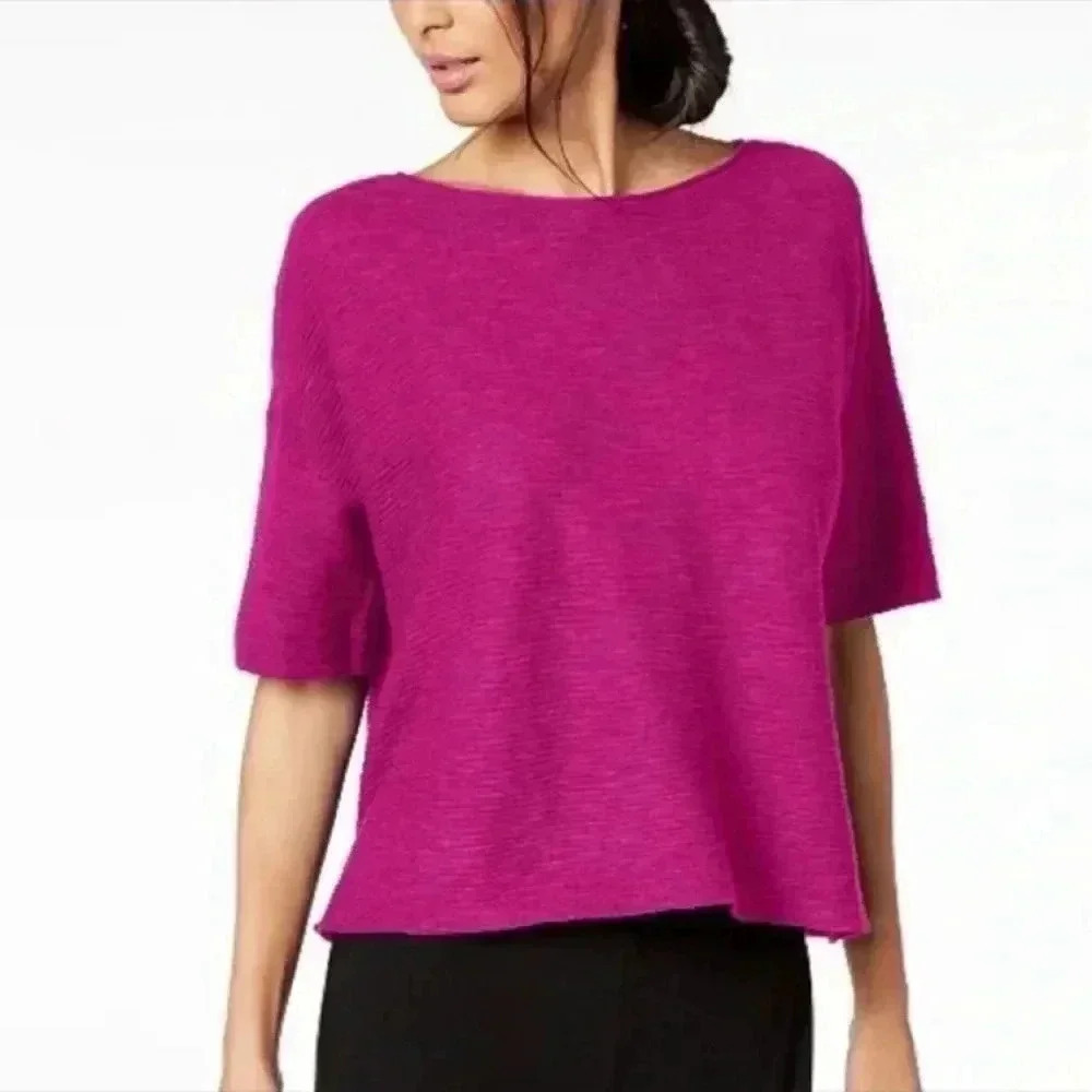 Eileen fisher organic linen boatneck sweater in cerise a fuchsia color
